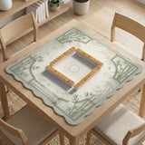 Square mahjong table mat with a pale cream center and green bamboo chinoiserie corners and border.