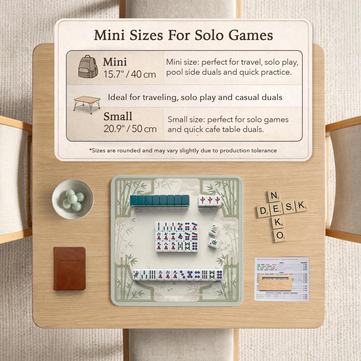 Square mahjong table mat with a pale cream center and green bamboo chinoiserie corners and border.