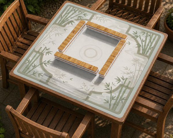 Square mahjong table mat with a pale cream center and green bamboo chinoiserie corners and border.