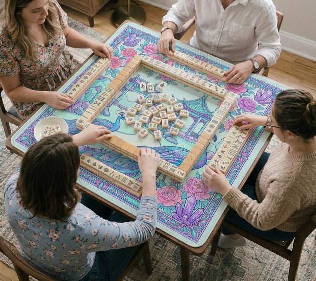 Pastel aqua mahjong table mat with peacock birds, pink flowers, pavilion details, and ornate floral linework.