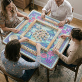 Pastel aqua mahjong table mat with peacock birds, pink flowers, pavilion details, and ornate floral linework.