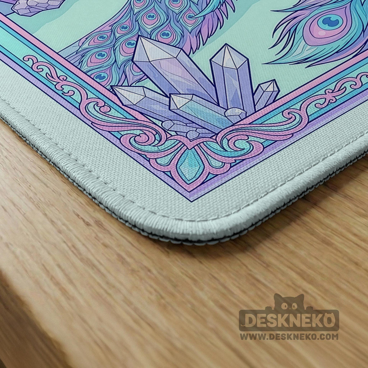 Pastel aqua mahjong table mat with peacock birds, pink flowers, pavilion details, and ornate floral linework.