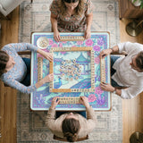 Pastel aqua mahjong table mat with peacock birds, pink flowers, pavilion details, and ornate floral linework.