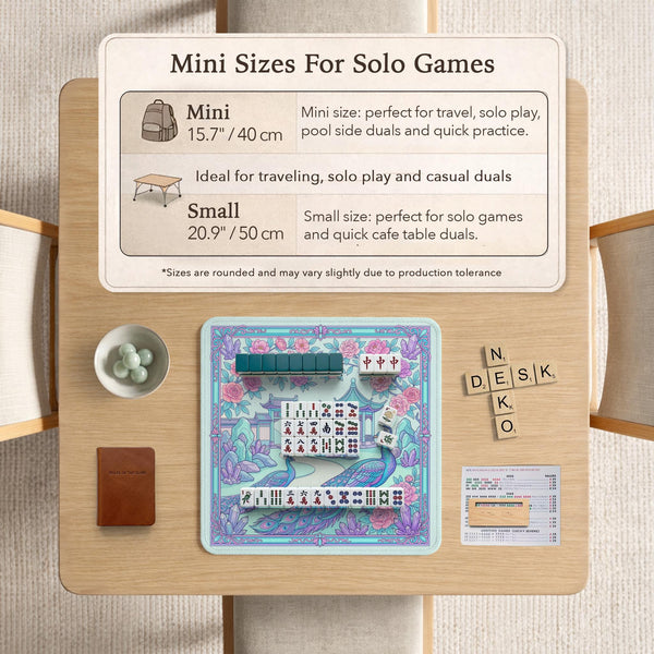 Pastel aqua mahjong table mat with peacock birds, pink flowers, pavilion details, and ornate floral linework.