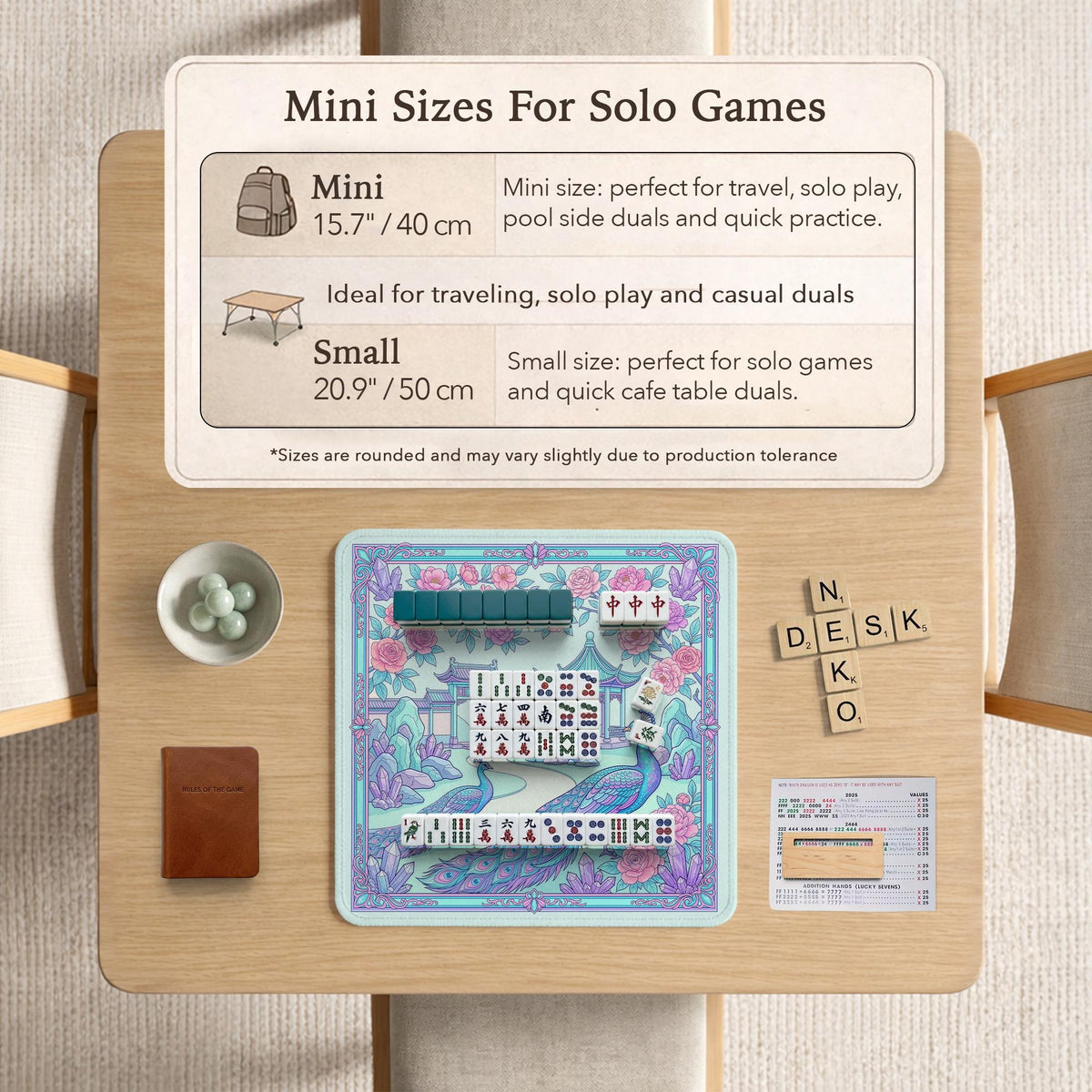 Pastel aqua mahjong table mat with peacock birds, pink flowers, pavilion details, and ornate floral linework.
