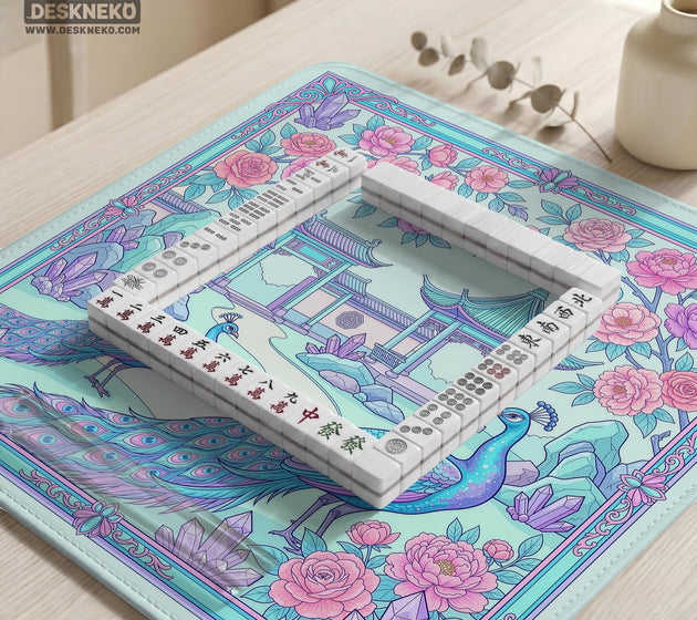 Pastel aqua mahjong table mat with peacock birds, pink flowers, pavilion details, and ornate floral linework.