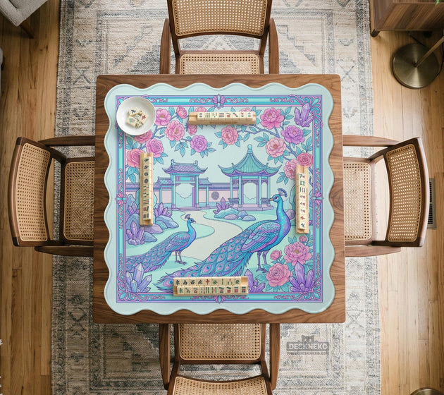 Pastel aqua mahjong table mat with peacock birds, pink flowers, pavilion details, and ornate floral linework.