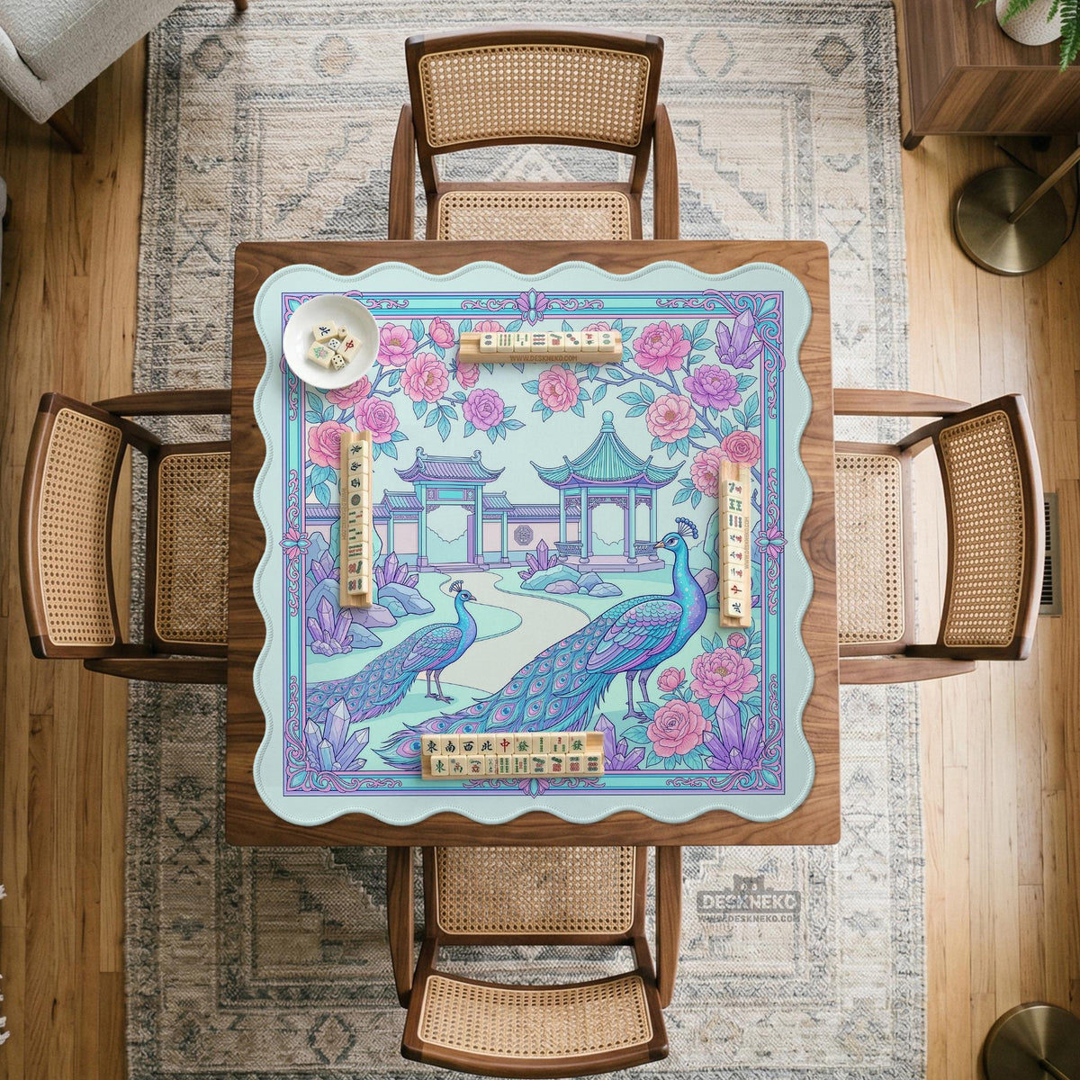 Pastel aqua mahjong table mat with peacock birds, pink flowers, pavilion details, and ornate floral linework.
