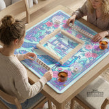 Pastel aqua mahjong table mat with peacock birds, pink flowers, pavilion details, and ornate floral linework.
