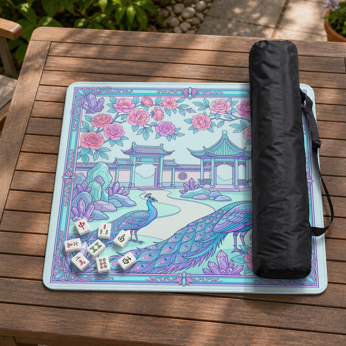 Pastel aqua mahjong table mat with peacock birds, pink flowers, pavilion details, and ornate floral linework.