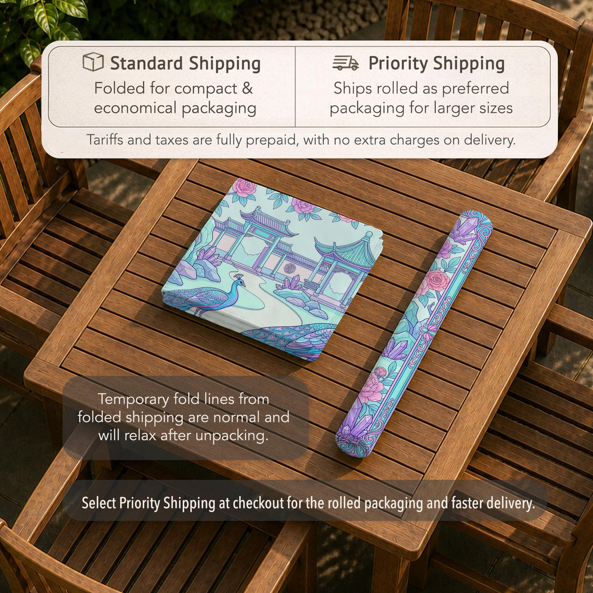 Pastel aqua mahjong table mat with peacock birds, pink flowers, pavilion details, and ornate floral linework.