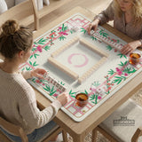 Pink cherry blossom floral mahjong table mat with a cream center and bamboo-style border design.