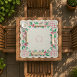 Pink cherry blossom floral mahjong table mat with a cream center and bamboo-style border design.