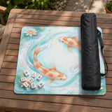 Pastel aqua square mahjong mat with orange koi fish, lotus flowers, lily pads, and flowing water lines.