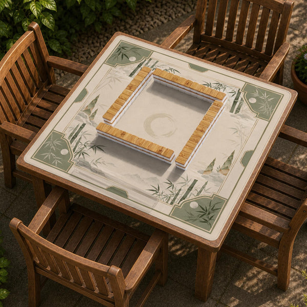 Square mahjong mat with a sage green bamboo and mountain design, cream center, scalloped border details, and gold line accents.
