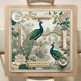 A green mahjong mat with peacock, floral, bamboo, pagoda, and gold border artwork in a scalloped chinoiserie style.