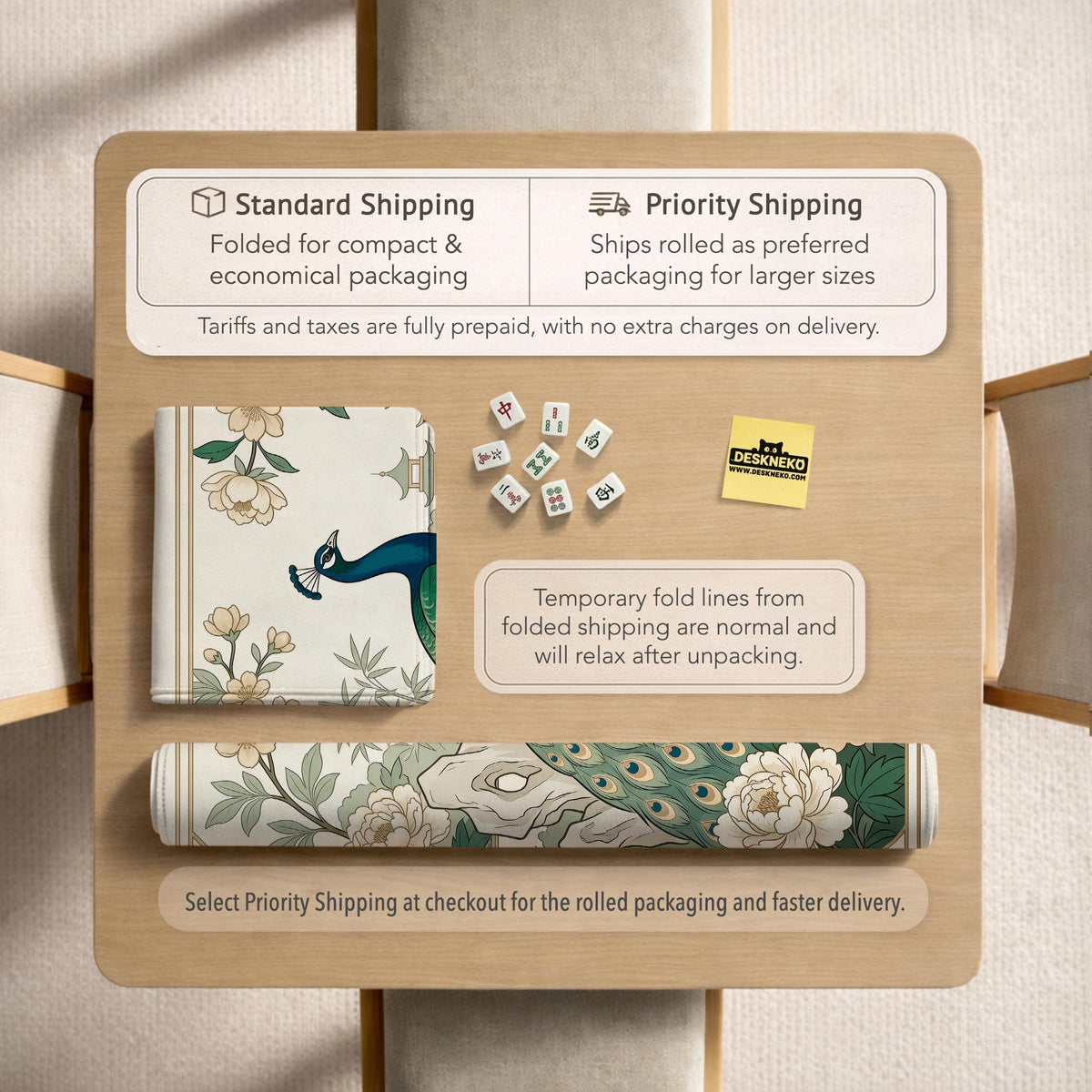 A green mahjong mat with peacock, floral, bamboo, pagoda, and gold border artwork in a scalloped chinoiserie style.