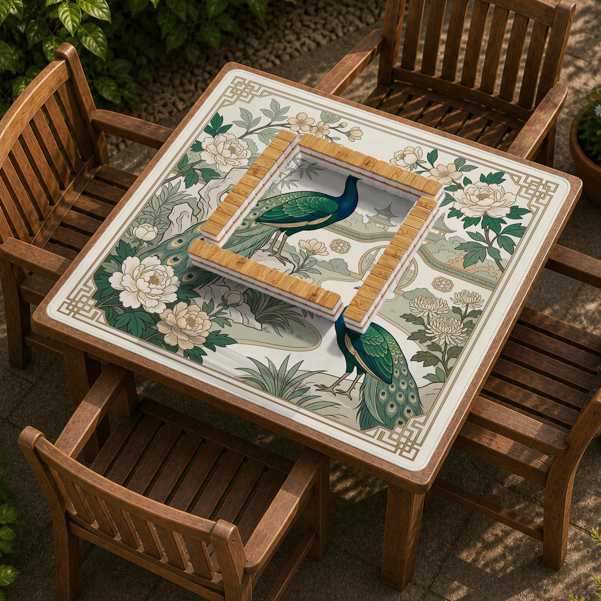 A green mahjong mat with peacock, floral, bamboo, pagoda, and gold border artwork in a scalloped chinoiserie style.