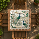 A green mahjong mat with peacock, floral, bamboo, pagoda, and gold border artwork in a scalloped chinoiserie style.