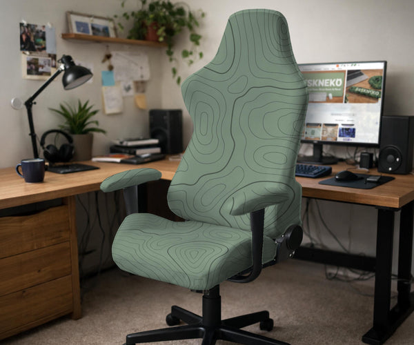 Sage green chair cover with a topographic contour-line pattern on a high-back gaming or office chair.