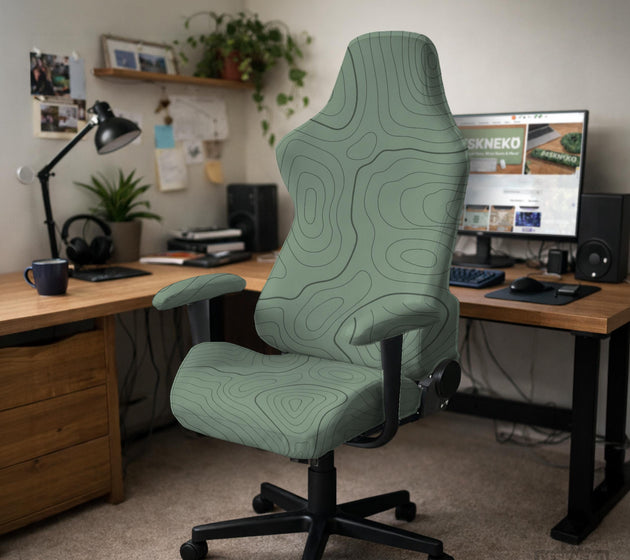 Sage green chair cover with a topographic contour-line pattern on a high-back gaming or office chair.