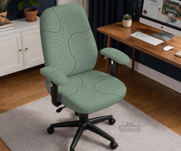 Sage green chair cover with a topographic contour-line pattern on a high-back gaming or office chair.