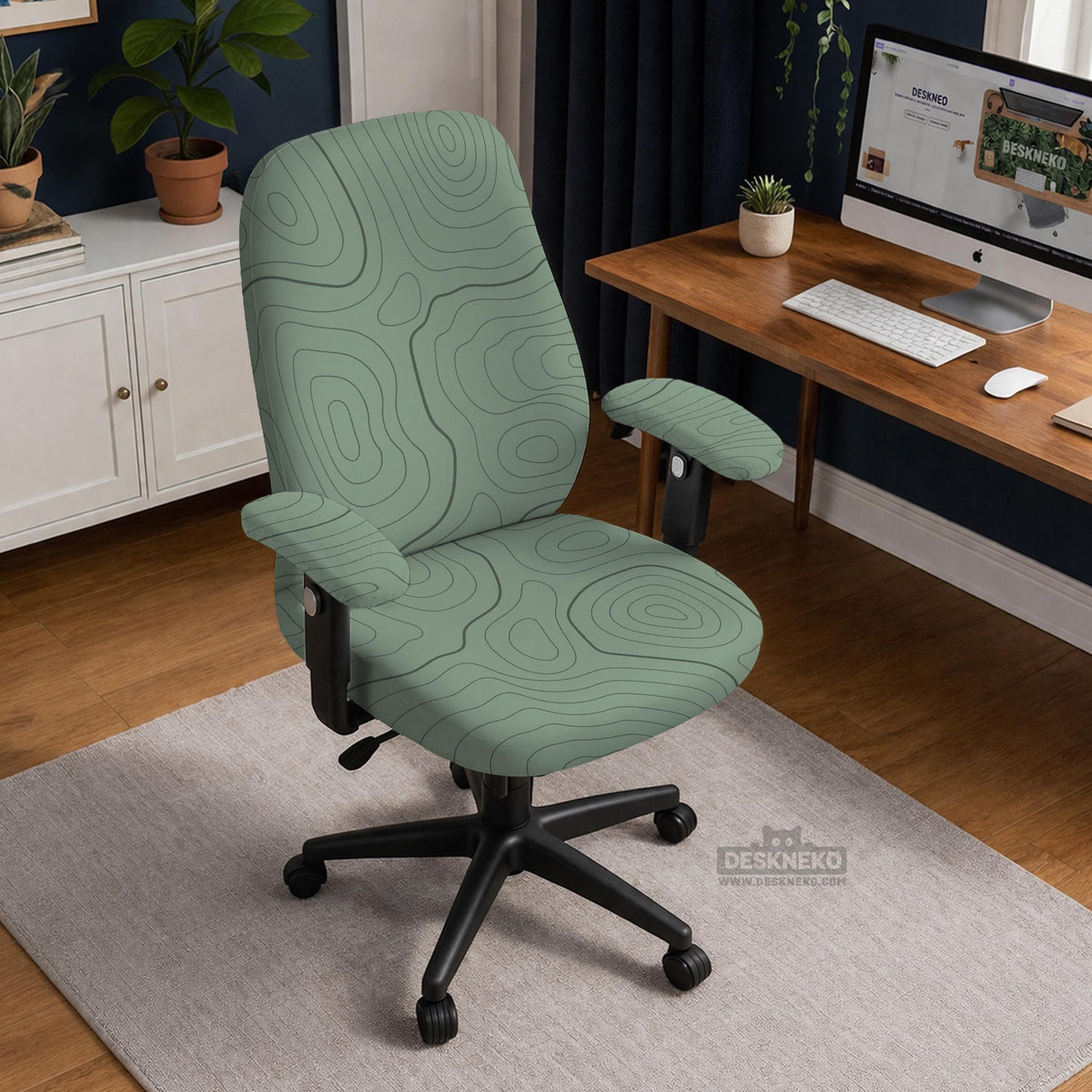 Sage green chair cover with a topographic contour-line pattern on a high-back gaming or office chair.