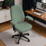 Sage green chair cover with a topographic contour-line pattern on a high-back gaming or office chair.