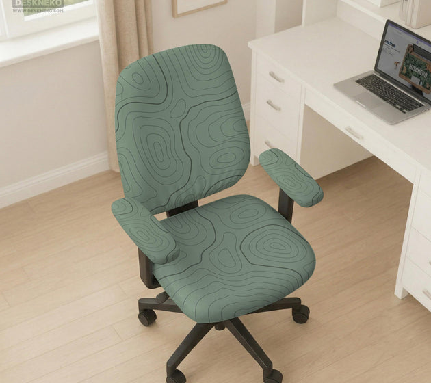 Sage green chair cover with a topographic contour-line pattern on a high-back gaming or office chair.