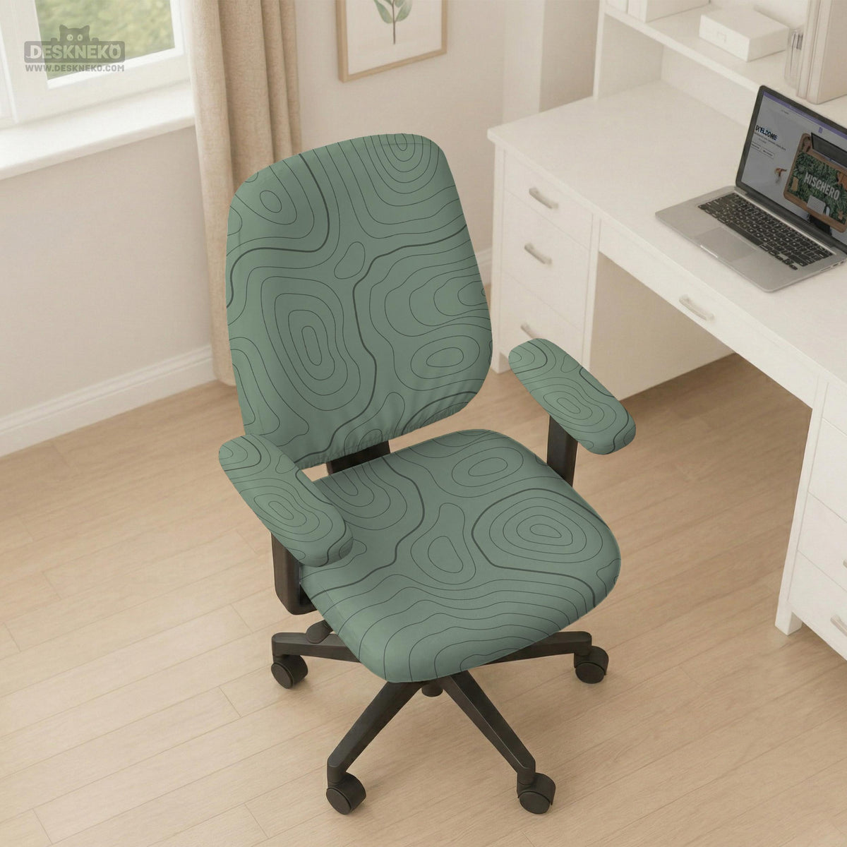Sage green chair cover with a topographic contour-line pattern on a high-back gaming or office chair.