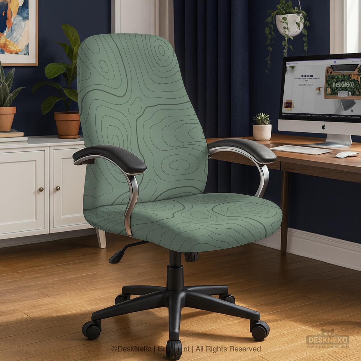 Sage green chair cover with a topographic contour-line pattern on a high-back gaming or office chair.