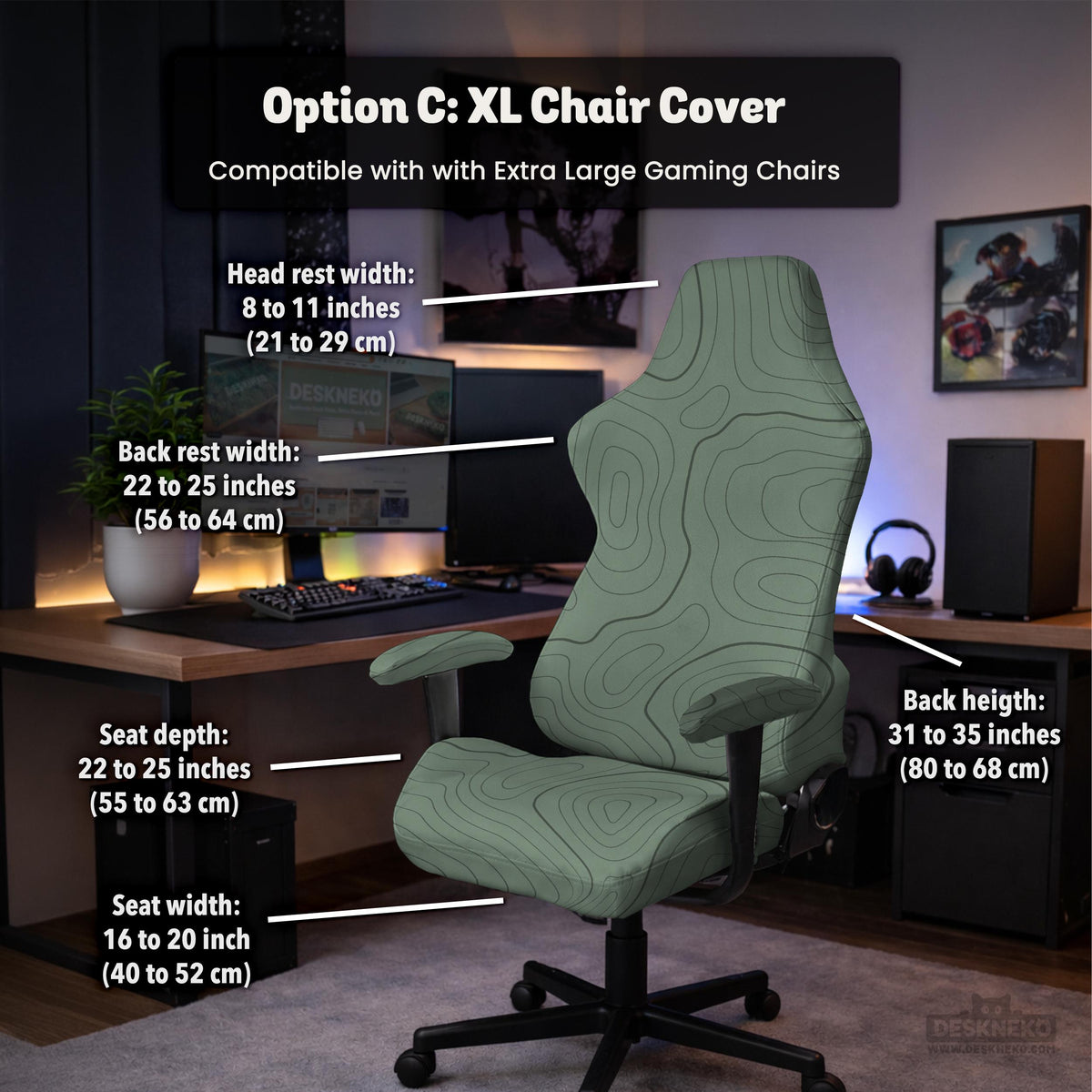 Sage green chair cover with a topographic contour-line pattern on a high-back gaming or office chair.
