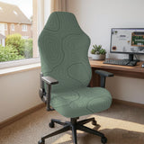 Sage green chair cover with a topographic contour-line pattern on a high-back gaming or office chair.