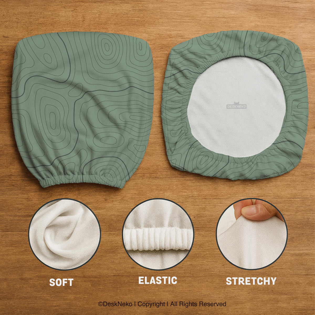 Sage green chair cover with a topographic contour-line pattern on a high-back gaming or office chair.