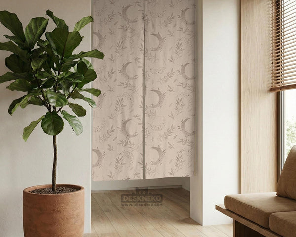 Beige door curtain with a crescent moon, leafy botanical branches, gray line art, and dotted celestial details.