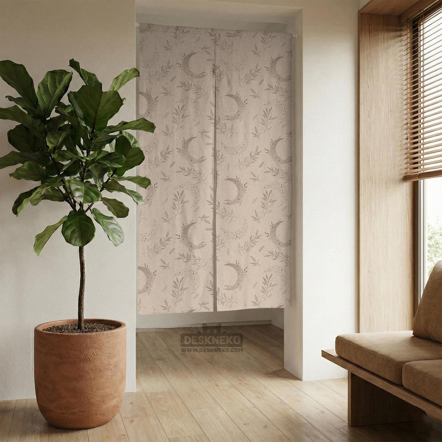 Beige door curtain with a crescent moon, leafy botanical branches, gray line art, and dotted celestial details.