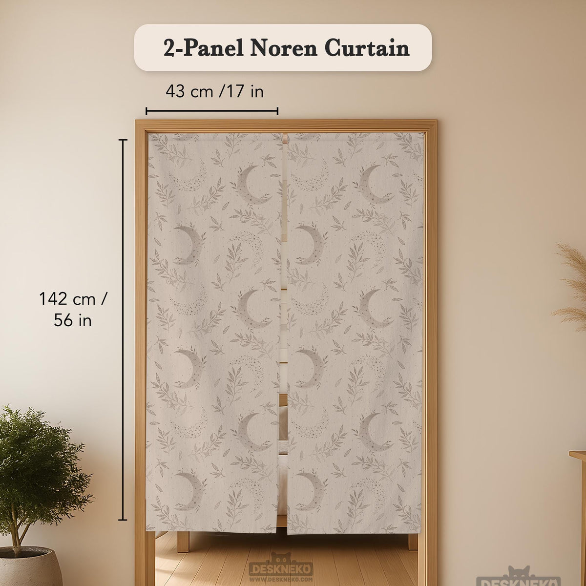 Beige door curtain with a crescent moon, leafy botanical branches, gray line art, and dotted celestial details.