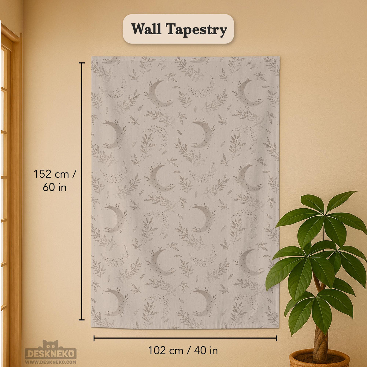 Beige door curtain with a crescent moon, leafy botanical branches, gray line art, and dotted celestial details.