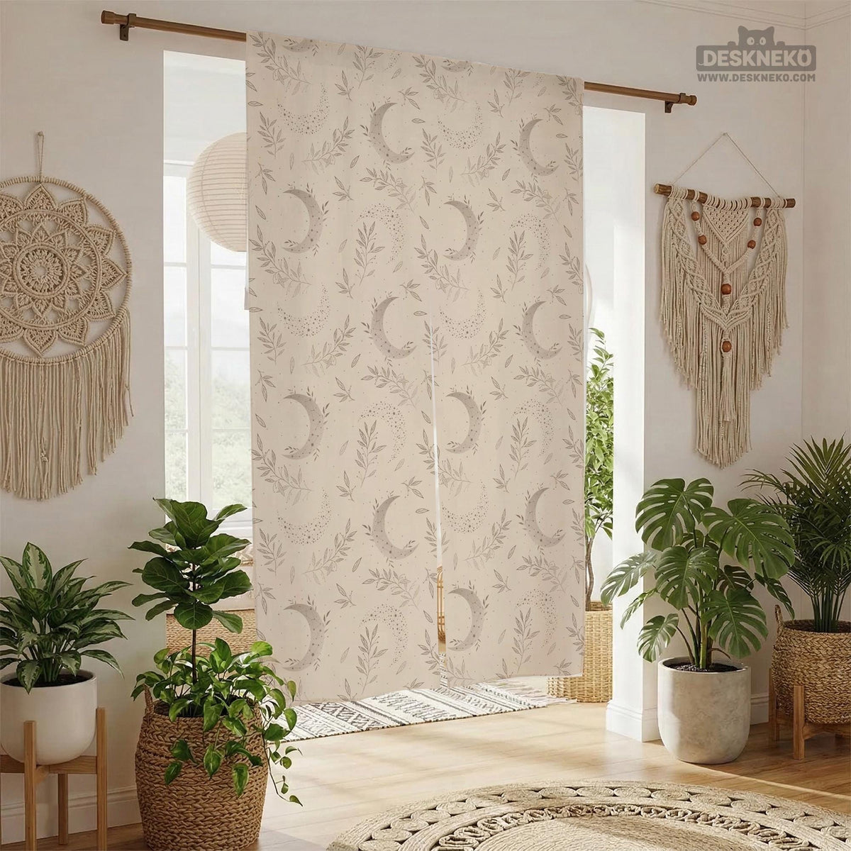 Beige door curtain with a crescent moon, leafy botanical branches, gray line art, and dotted celestial details.