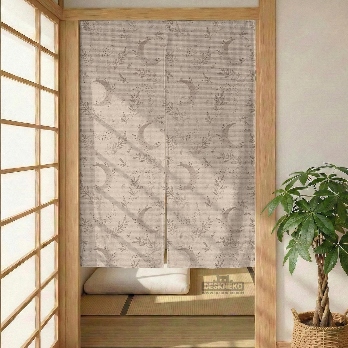 Beige door curtain with a crescent moon, leafy botanical branches, gray line art, and dotted celestial details.