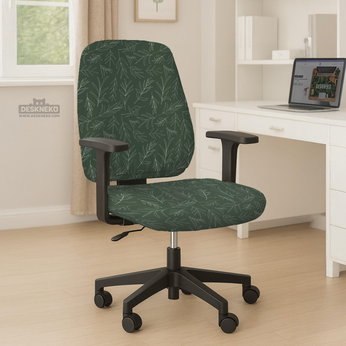 Sage green line-art leaf print chair cover shown with office chair cover options, including full cover, back and seat cover, seat-only cover, and armrest-only cover.