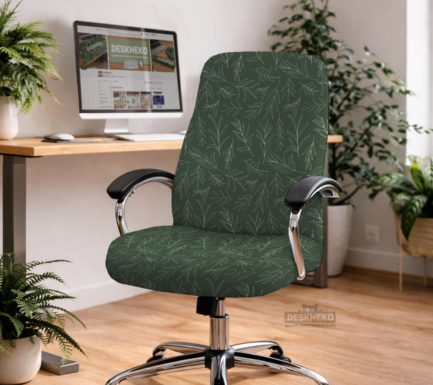 Sage green line-art leaf print chair cover shown with office chair cover options, including full cover, back and seat cover, seat-only cover, and armrest-only cover.
