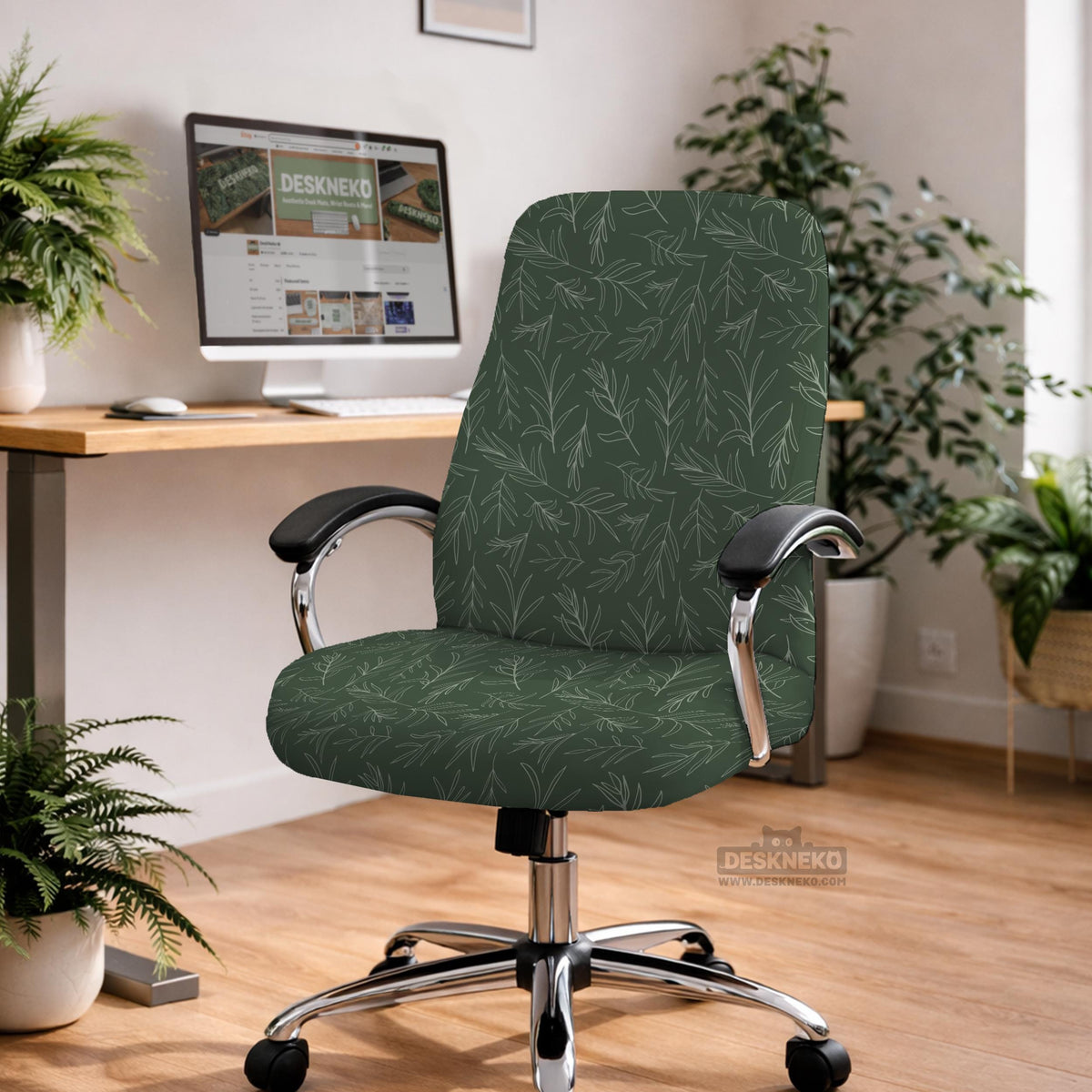 Sage green line-art leaf print chair cover shown with office chair cover options, including full cover, back and seat cover, seat-only cover, and armrest-only cover.