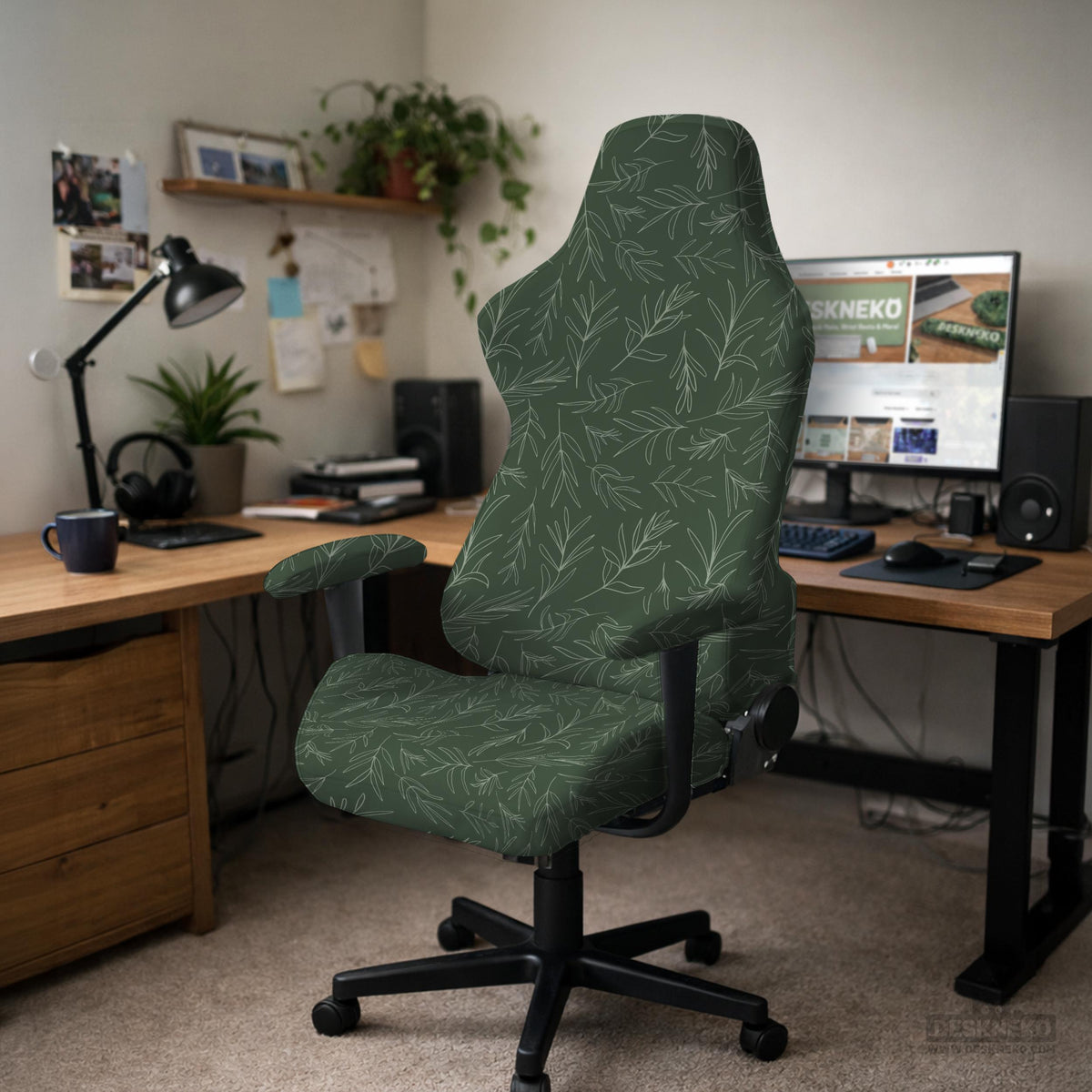 Sage green line-art leaf print chair cover shown with office chair cover options, including full cover, back and seat cover, seat-only cover, and armrest-only cover.