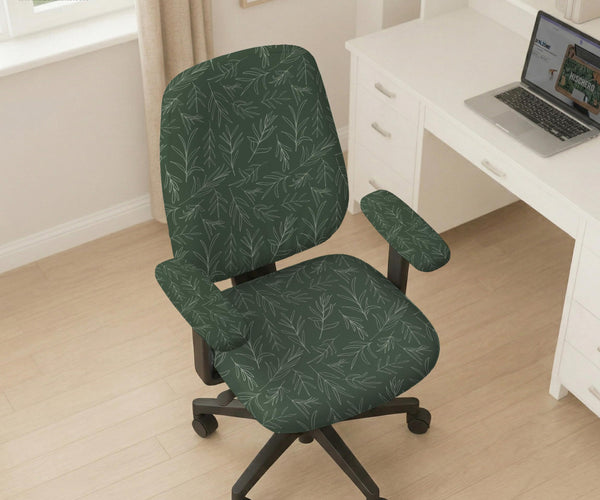Sage green line-art leaf print chair cover shown with office chair cover options, including full cover, back and seat cover, seat-only cover, and armrest-only cover.