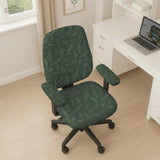 Sage green line-art leaf print chair cover shown with office chair cover options, including full cover, back and seat cover, seat-only cover, and armrest-only cover.