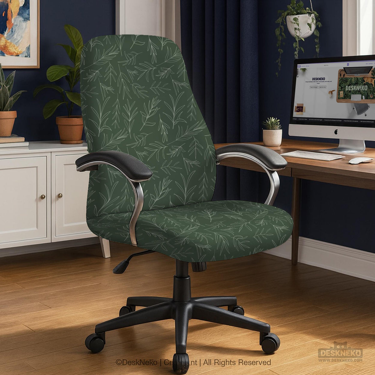 Sage green line-art leaf print chair cover shown with office chair cover options, including full cover, back and seat cover, seat-only cover, and armrest-only cover.