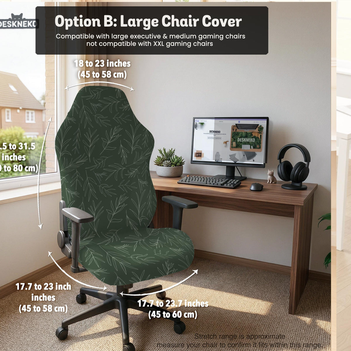 Sage green line-art leaf print chair cover shown with office chair cover options, including full cover, back and seat cover, seat-only cover, and armrest-only cover.