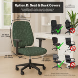 Sage green line-art leaf print chair cover shown with office chair cover options, including full cover, back and seat cover, seat-only cover, and armrest-only cover.