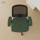 Sage green line-art leaf print chair cover shown with office chair cover options, including full cover, back and seat cover, seat-only cover, and armrest-only cover.
